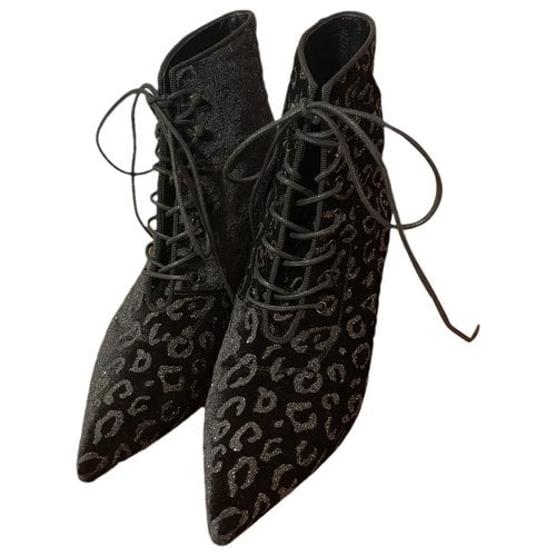 Pre-owned Saint Laurent Charlotte Velvet Lace Up Boots In Black