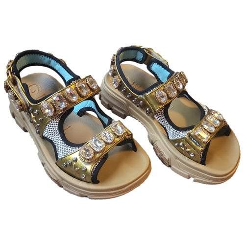 Pre-owned Gucci Aguru Crystal Leather Sandal In Gold
