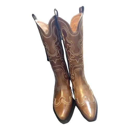 Pre-owned Ganni Leather Cowboy Boots In Brown