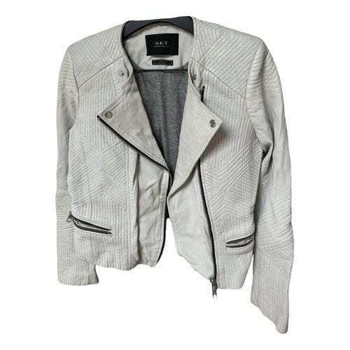 Pre-owned Set Leather Biker Jacket In White
