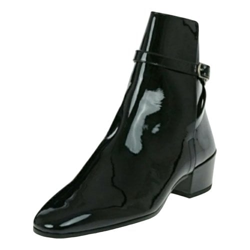 Pre-owned Saint Laurent Wyatt Jodphur Patent Leather Boots In Black
