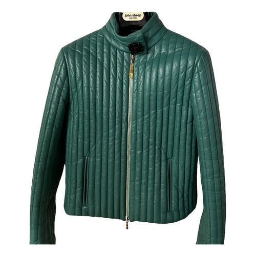Pre-owned Class Cavalli Leather Biker Jacket In Green