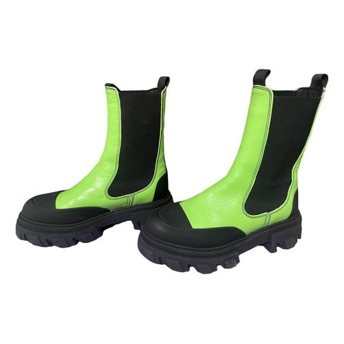 Pre-owned Ganni Leather Boots In Green