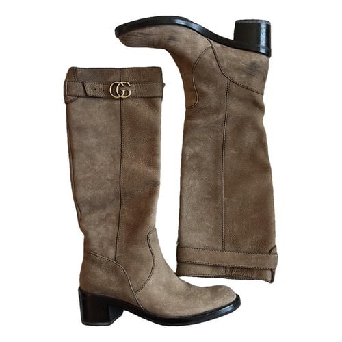 Pre-owned Gucci Leather Riding Boots In Khaki
