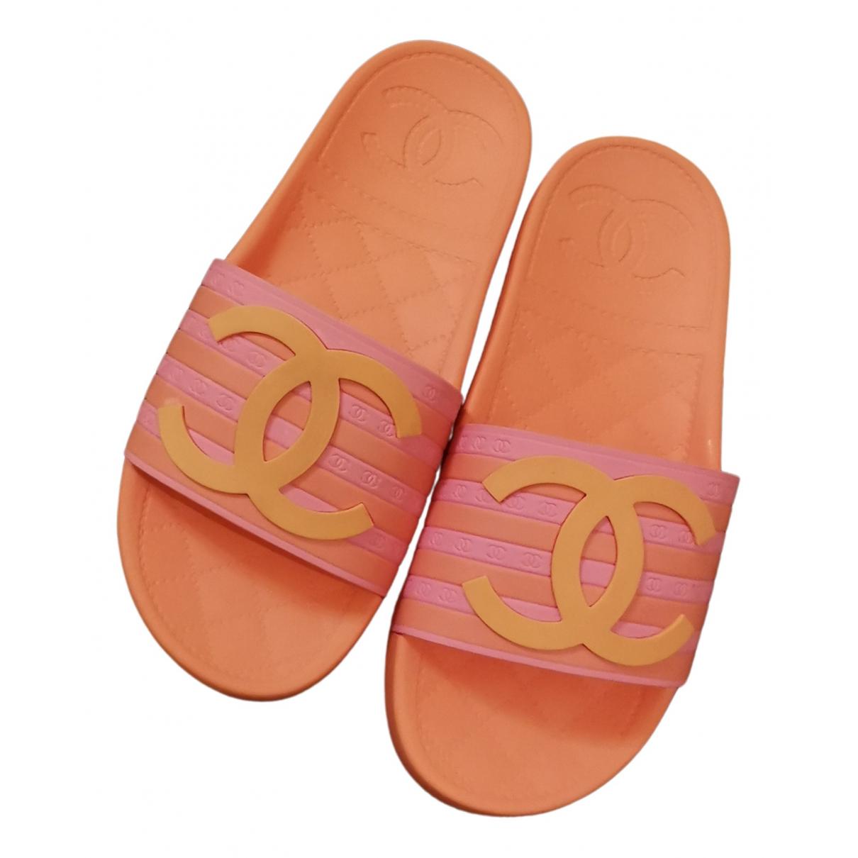 CHANEL Rubber CC Flat Slide Sandals 35 Orange Pink 398141