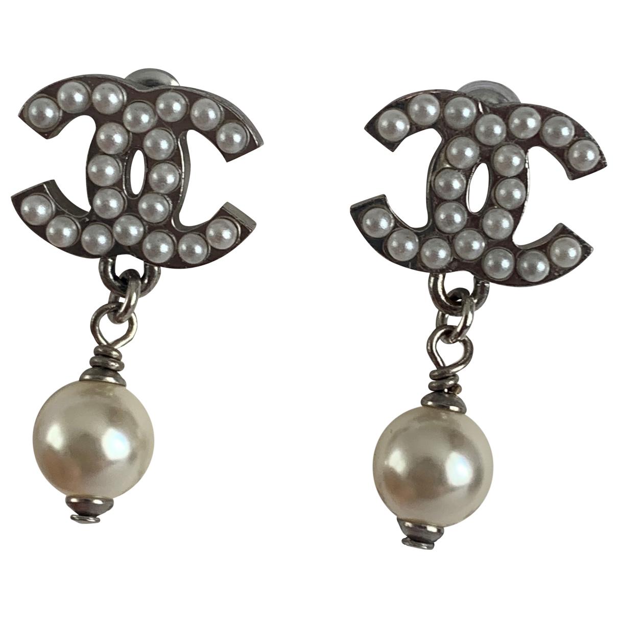 Chanel Silver and Faux Pearl CC Stud Earrings - Yoogi's Closet