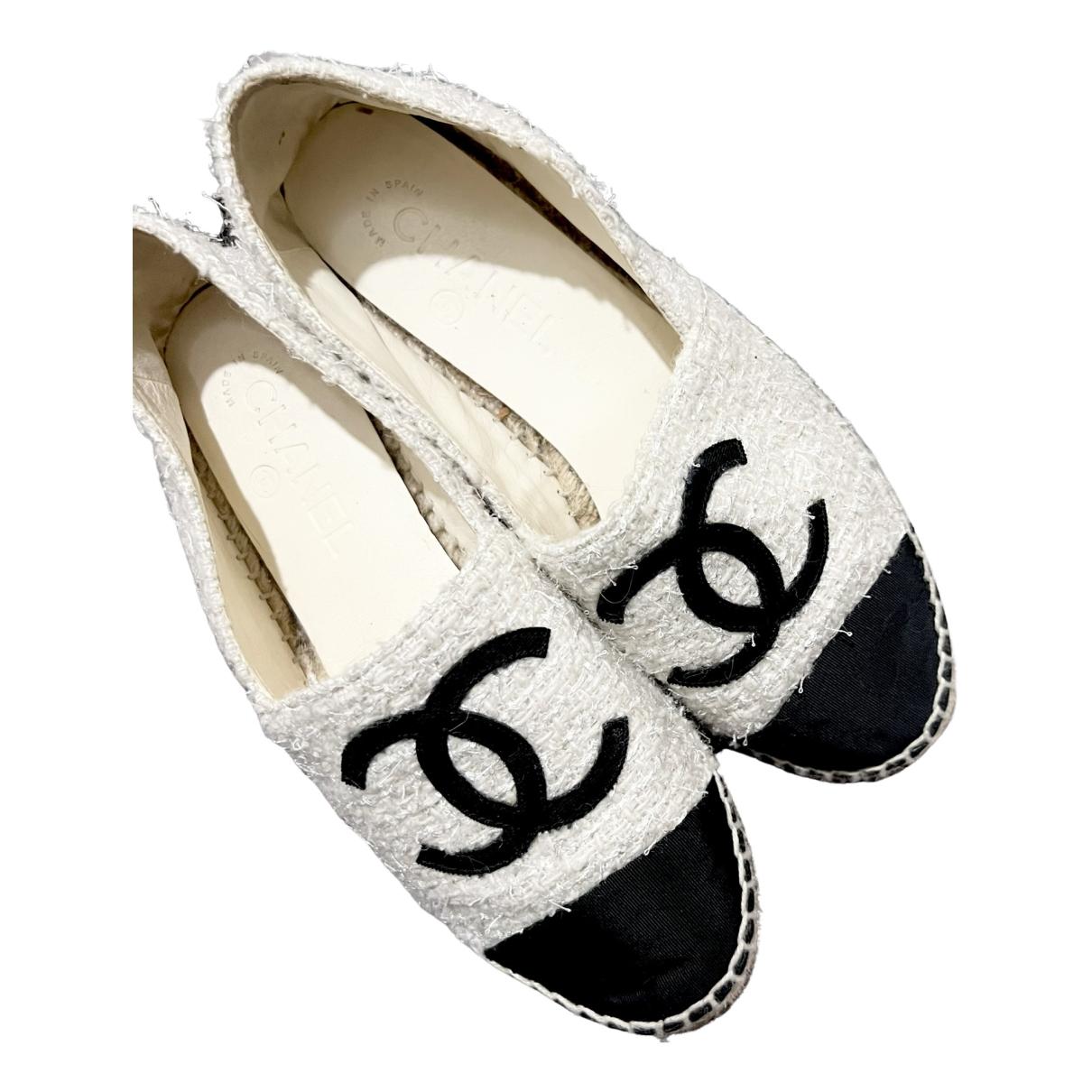 Chanel White/Black Embroidery Ankle Strap Espadrilles Size 37