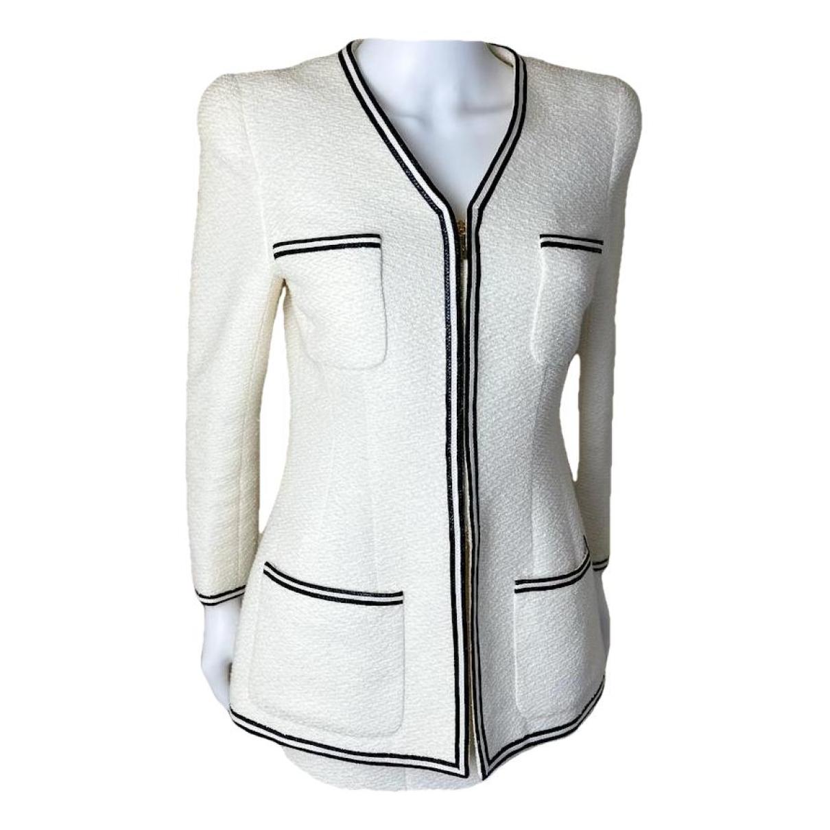 Chanel Grey/White Tweed Painted Grid Jacket Size 8/40 - Yoogi's Closet
