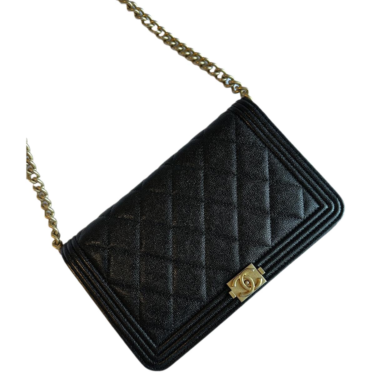Chanel Black Caviar Leather Boy Wallet On Chain