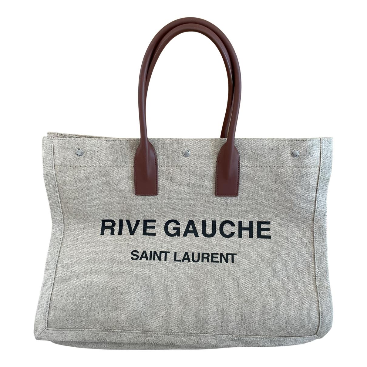 Saint Laurent Rive Gauche Tote Bag in Beige Linen and Cognac