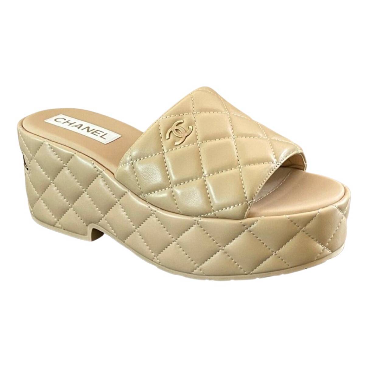 CHANEL Beige Quilted Leather Mule Wedge Platform Sandal Gold CC