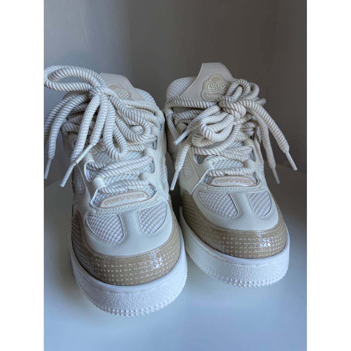 Lv trainer low trainers Louis Vuitton Grey size 6.5 UK in Polyester -  22540220