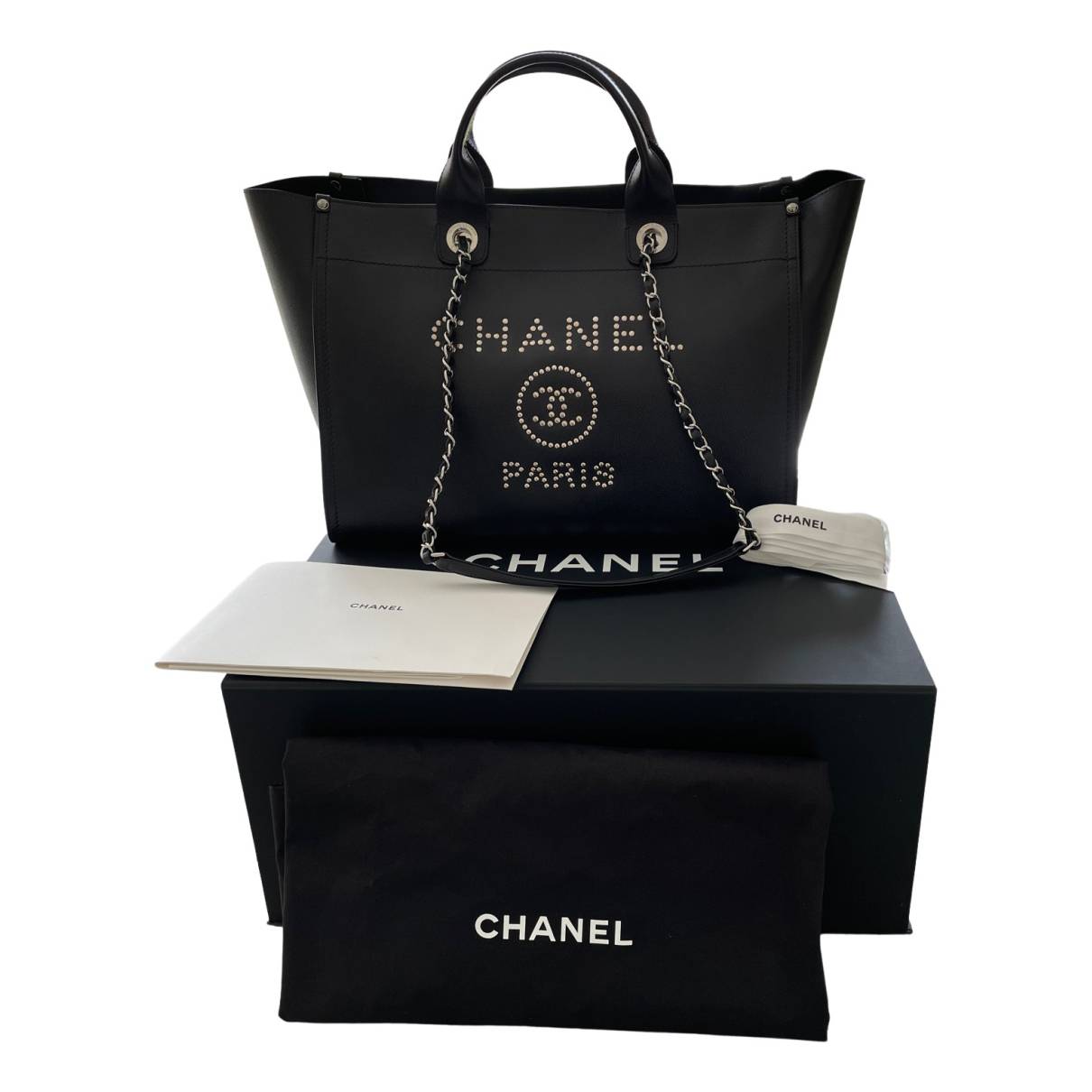 Chanel Black Medium Studded Deauville Shopping Bag Chanel