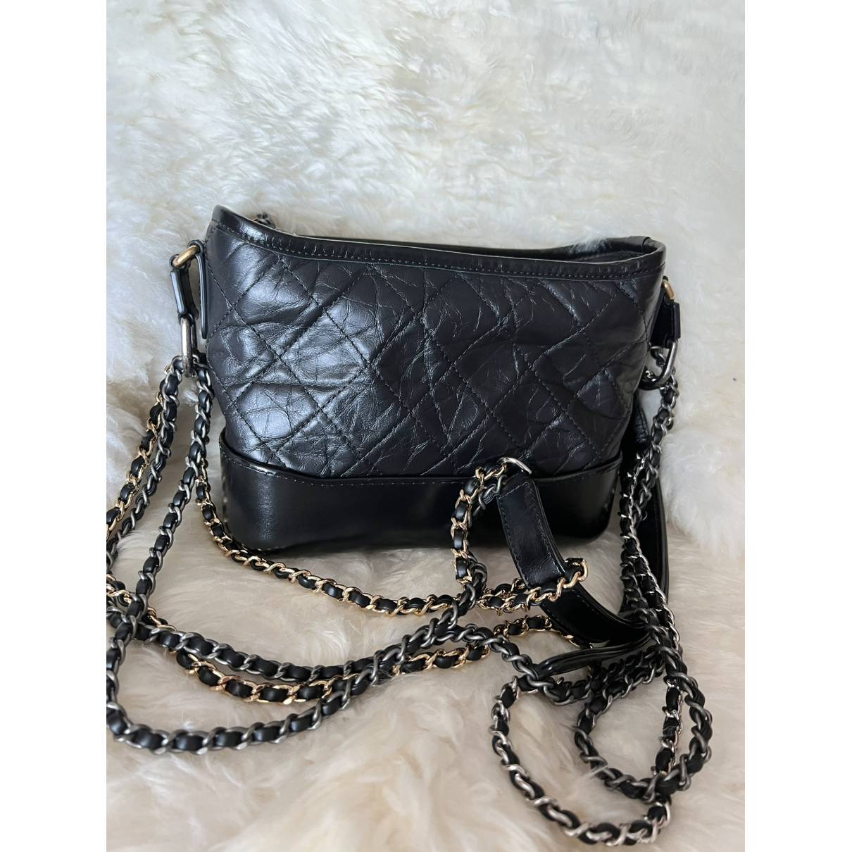 NEW CHANEL Black Patent Goatskin Quilted Hobo Mini Gabrielle