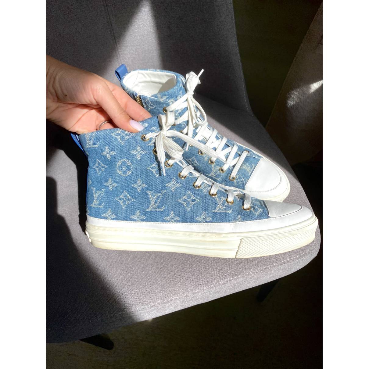 Louis Vuitton White Leather and Monogram Denim High Top Sneakers Size 38.5 Louis  Vuitton