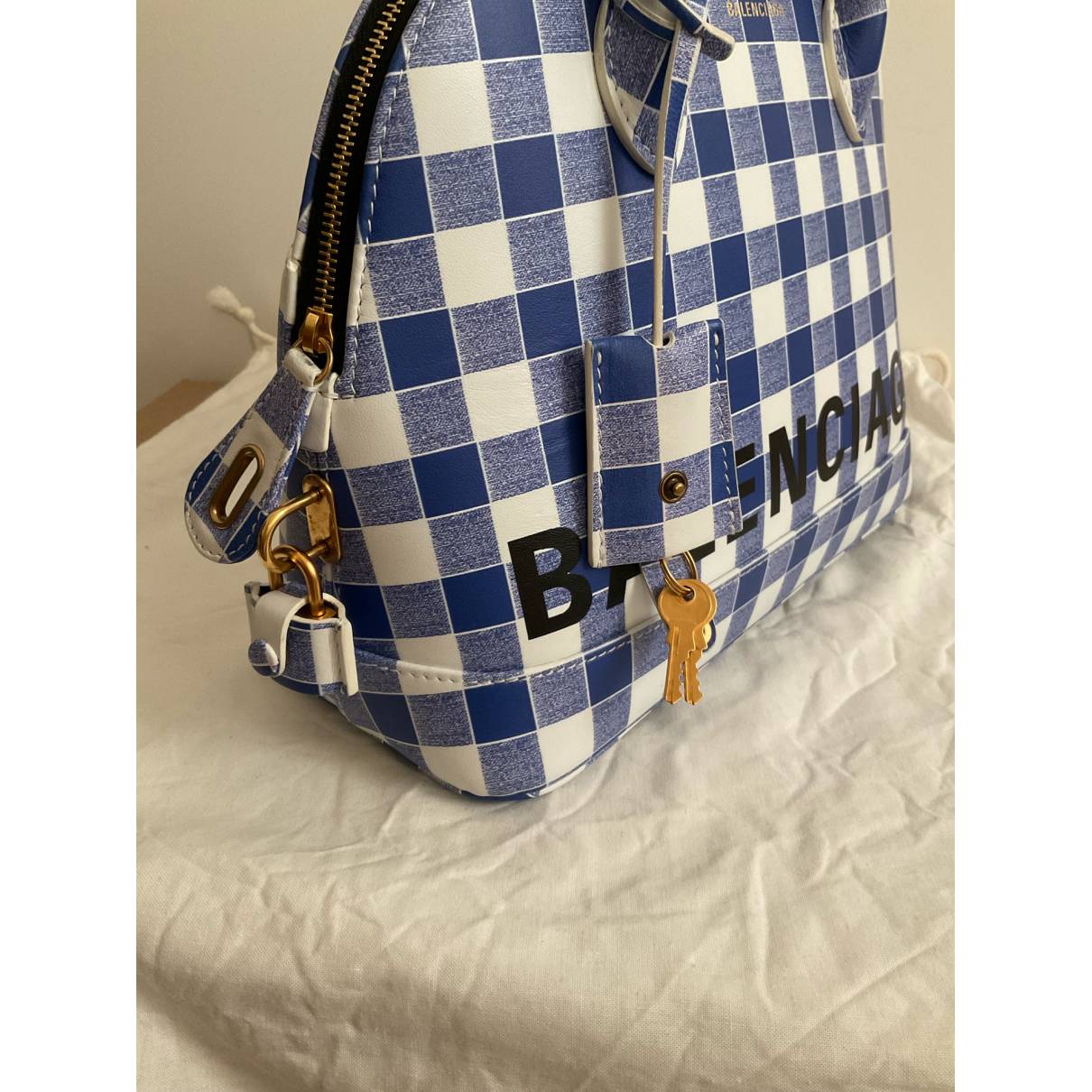 Balenciaga - Authenticated Ville Top Handle Handbag - Leather Blue Gingham for Women, Very Good Condition