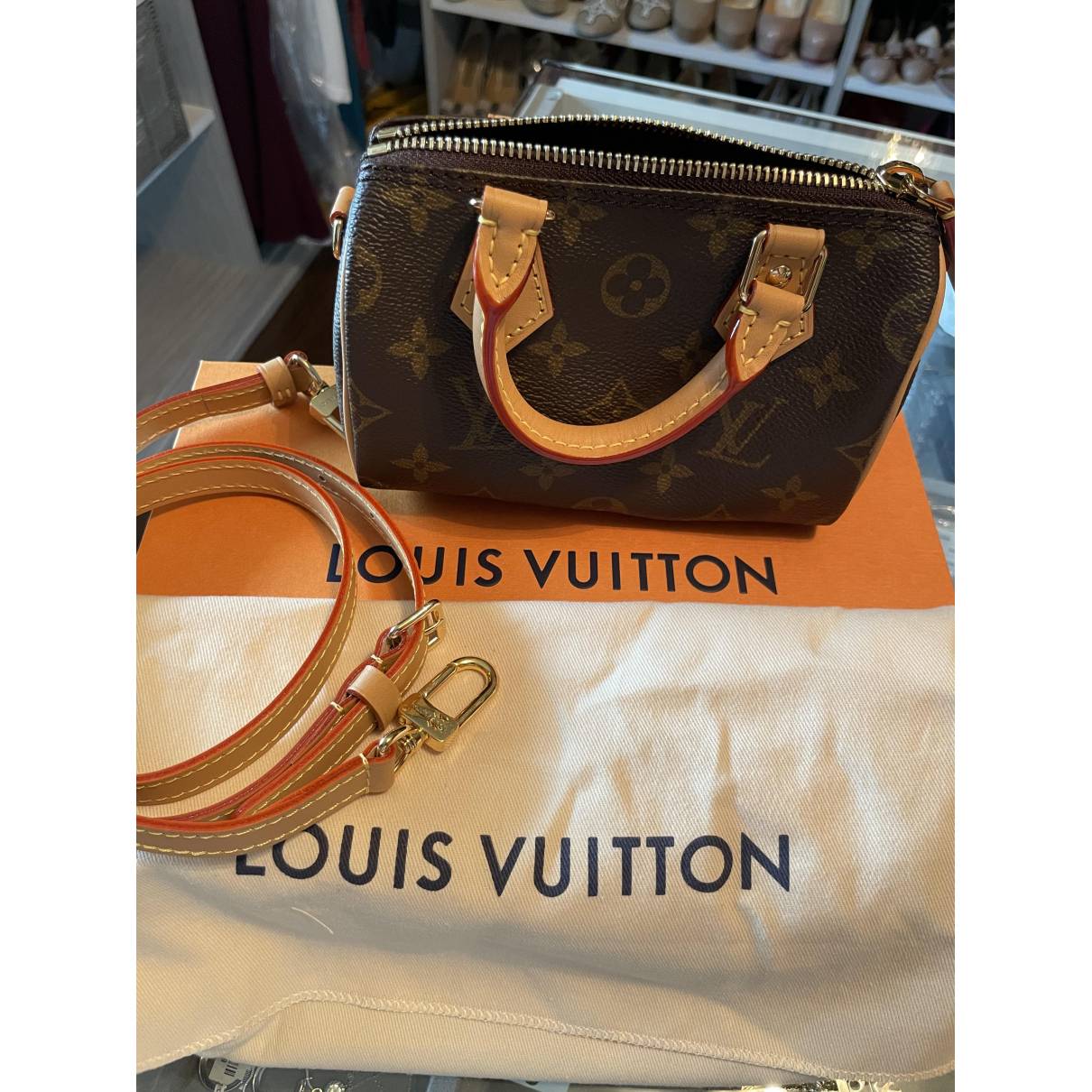 Louis Vuitton Nano Speedy Mini Brown Monogram LV Logo Crossbody Shoulder Bag