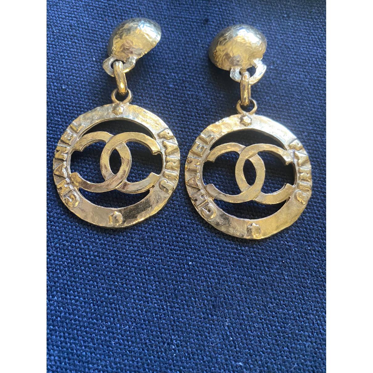 CHANEL CC Logo Gold Metal Earrings Evening Dangle Drop Large Circa 1994