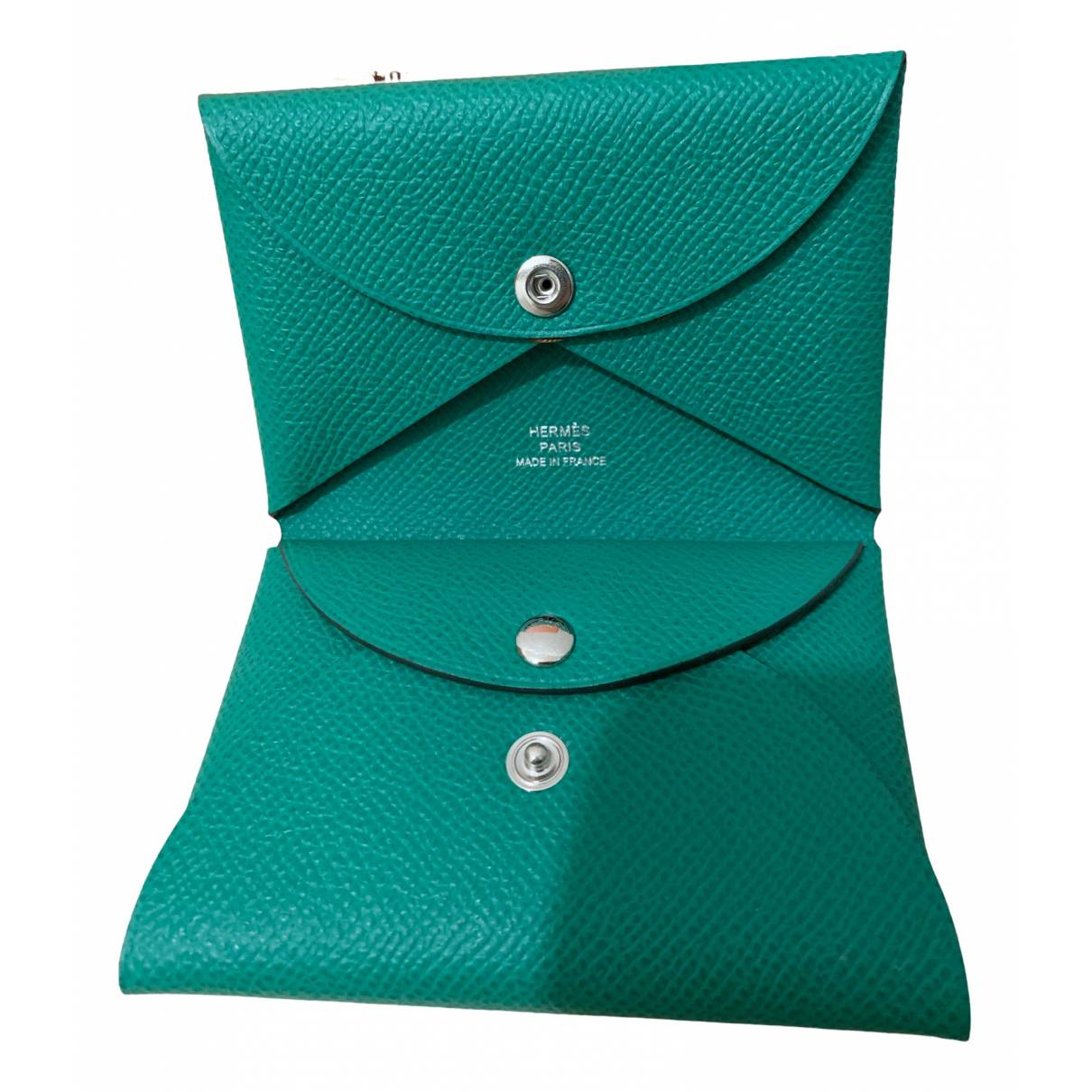 Pre-Owned Hermes Calvi Duo Card Holder Wallet Green Tinged with