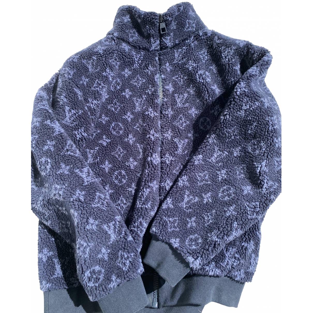 Cozy black faux fur zipper jacket with white LV monograms