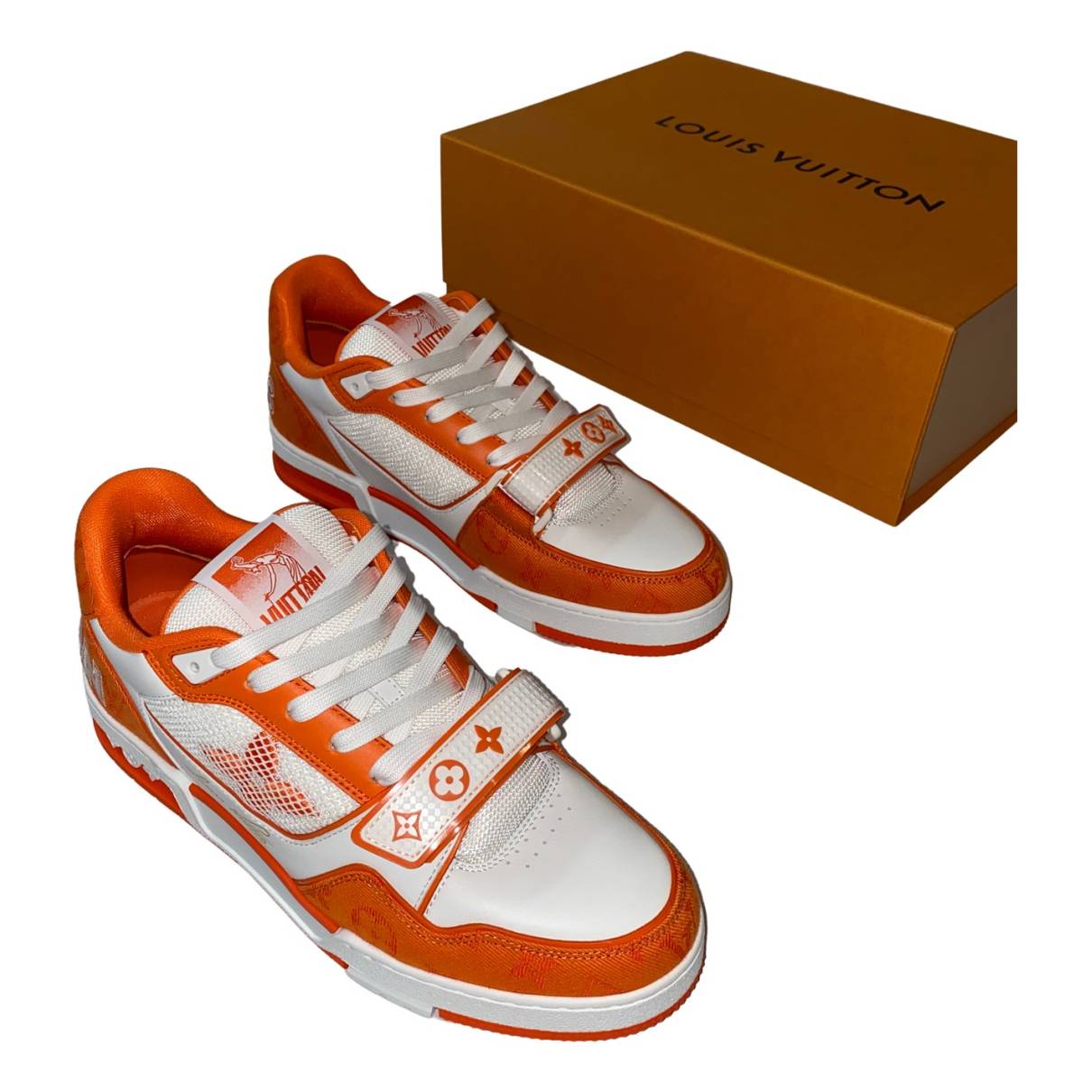 Lv trainer leather low trainers Louis Vuitton Orange size 7 UK in Leather -  34304976