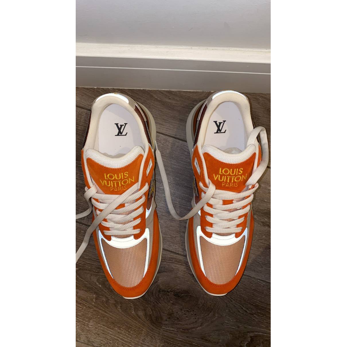 LOUIS VUITTON Metallic Patent Suede Run Away Sneakers 10 Orange 801949