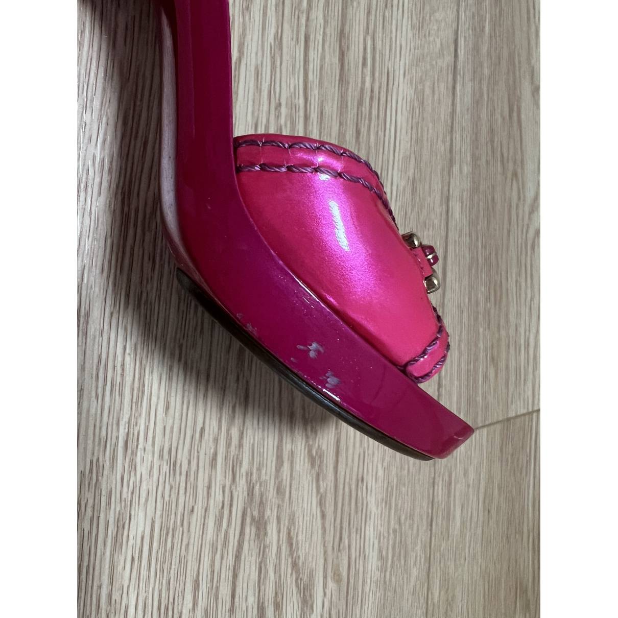 Authentic Louis Vuitton Mules Slides Pink Patent Leather Dice Heel Sandals  36.5