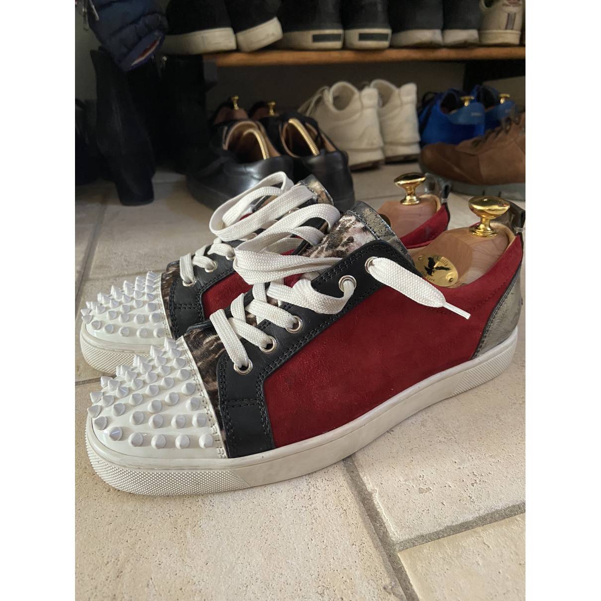 Christian Louboutin Red Suede Louis Junior Spikes Sneakers