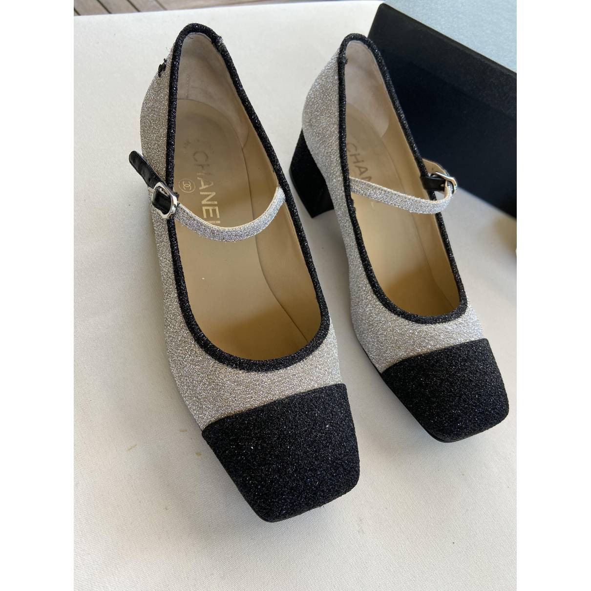 Chanel Slingback Shoes Size 38 Black and Silver Leather - ASL1665