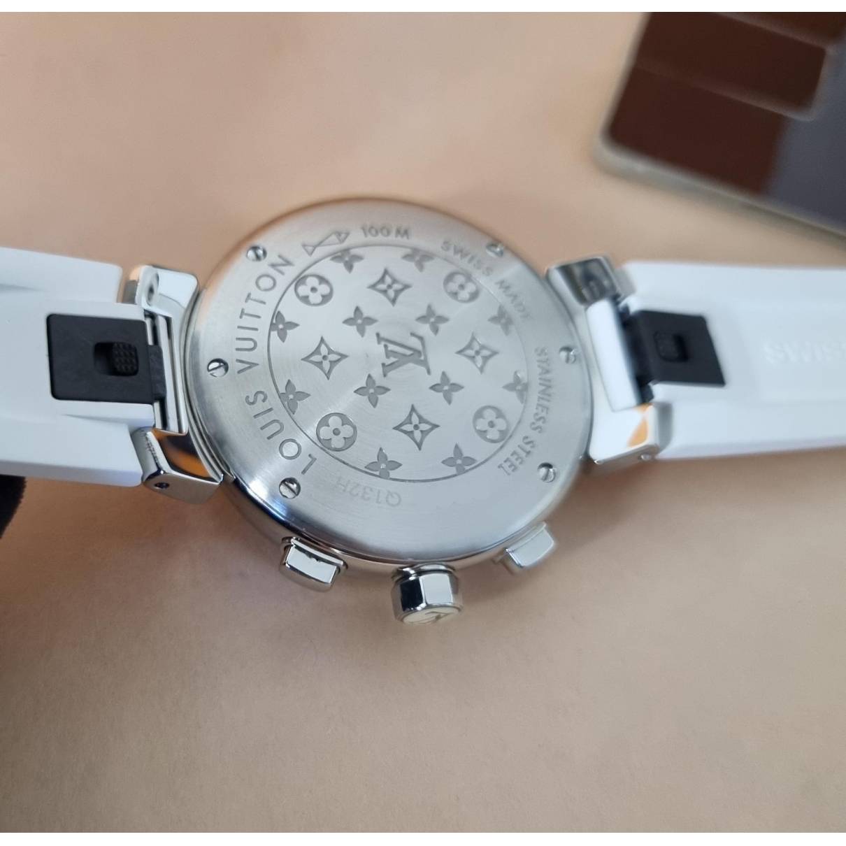 Louis Vuitton Diamond Tambour Lovely Watch 34MM Leather Silver