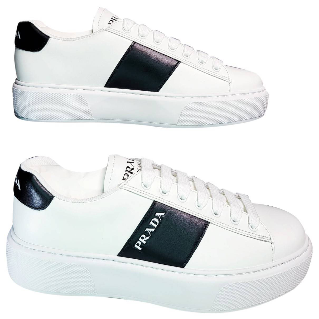 Leather low trainers Prada White size  UK in Leather - 31148408