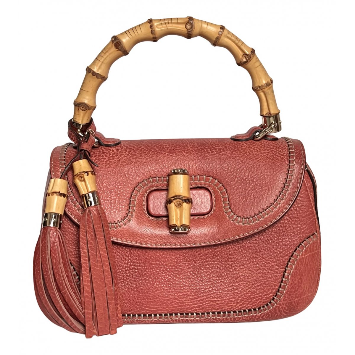 Convertible Pompon Bamboo Top Handle leather handbag
