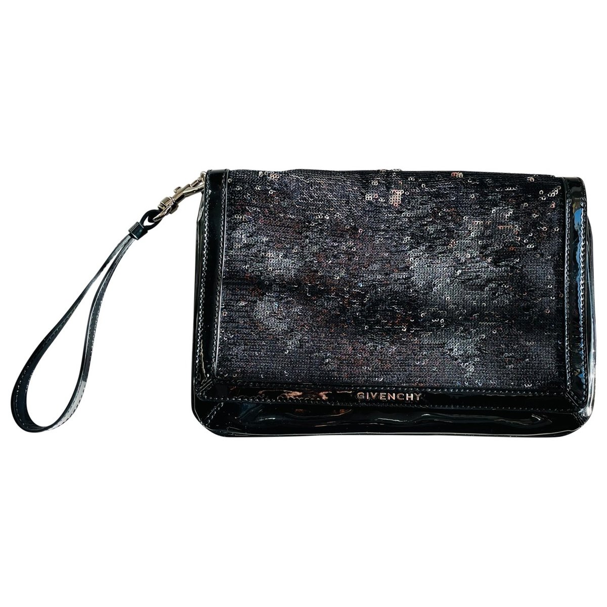 Emblem patent leather clutch bag