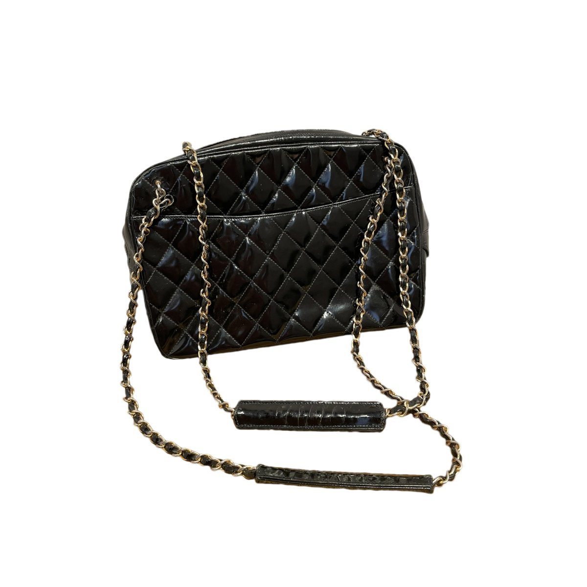Camera patent leather handbag