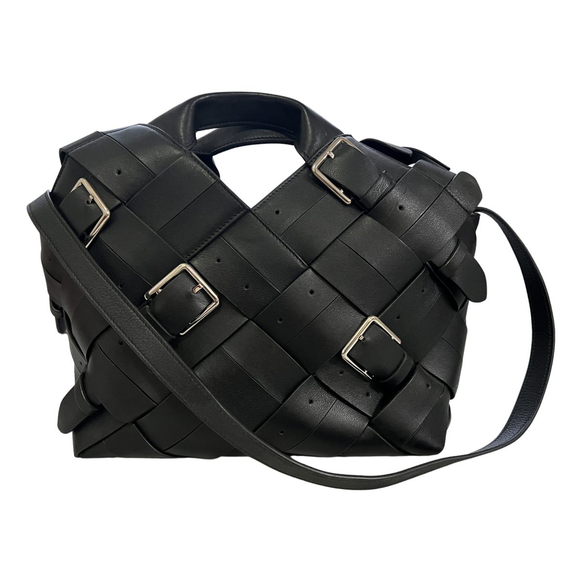 Woven basket bag leather tote
