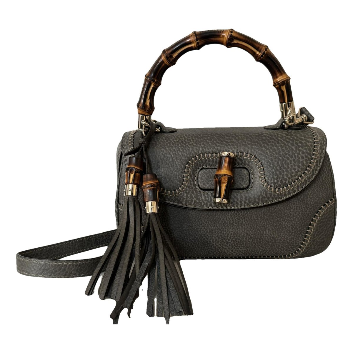 Convertible Pompon Bamboo Top Handle leather handbag