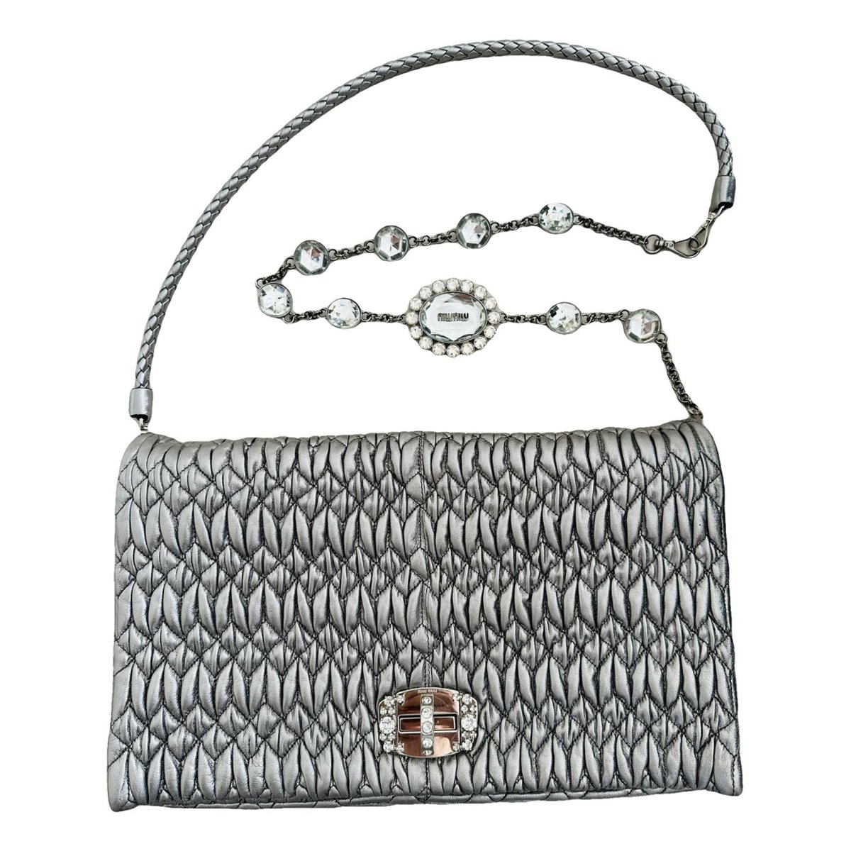 Miu Crystal leather clutch bag
