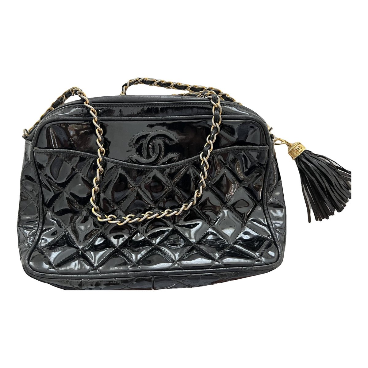 Camera patent leather handbag