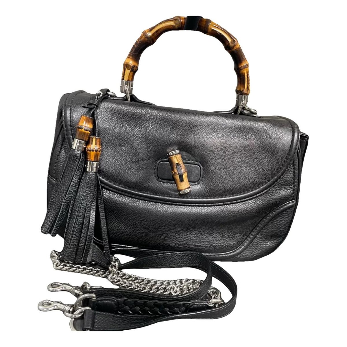 Convertible Pompon Bamboo Top Handle leather handbag