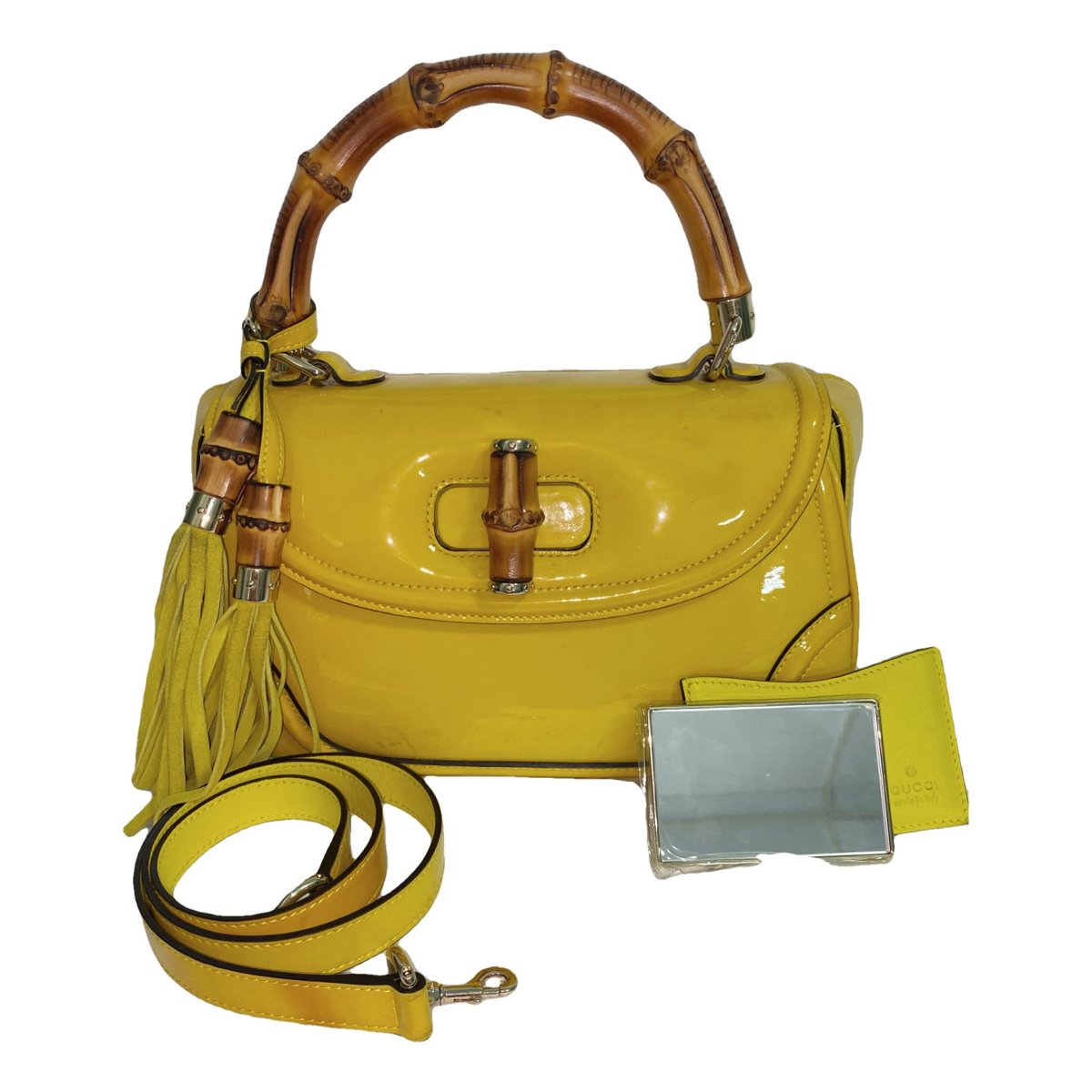 Convertible Pompon Bamboo Top Handle patent leather handbag