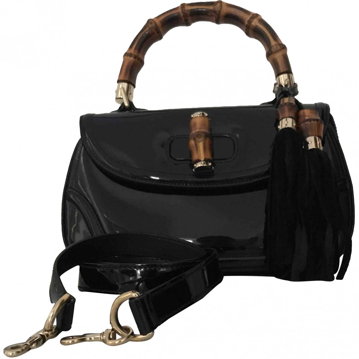 Convertible Pompon Bamboo Top Handle patent leather handbag