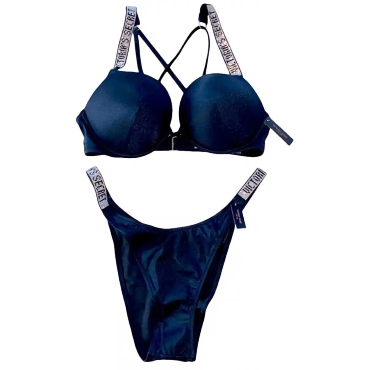 Victoria's Secret Shine Strap Swim Thong Bombshell Add-2-cups Blue Push-up  Set