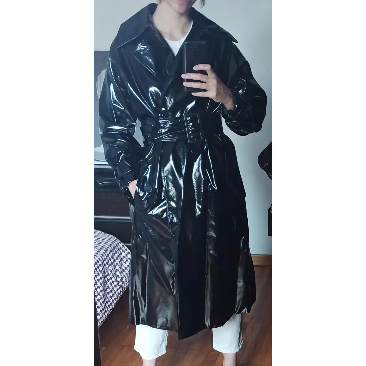 Patent leather trench coat Weili Zheng