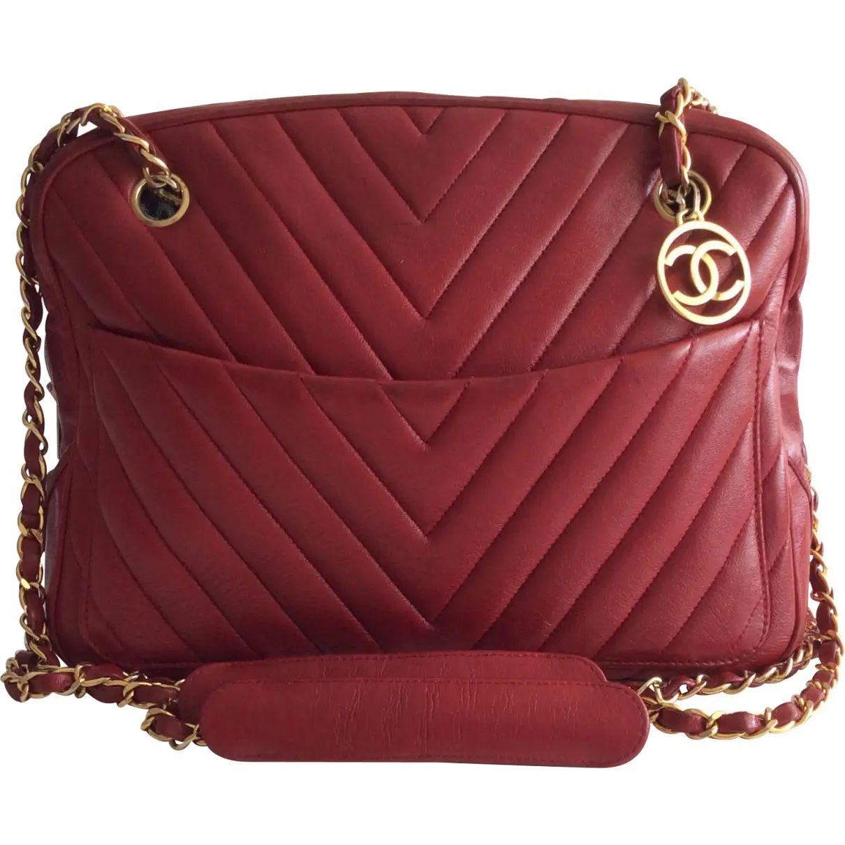 Red Leather Handbag Camera Chanel - Vintage