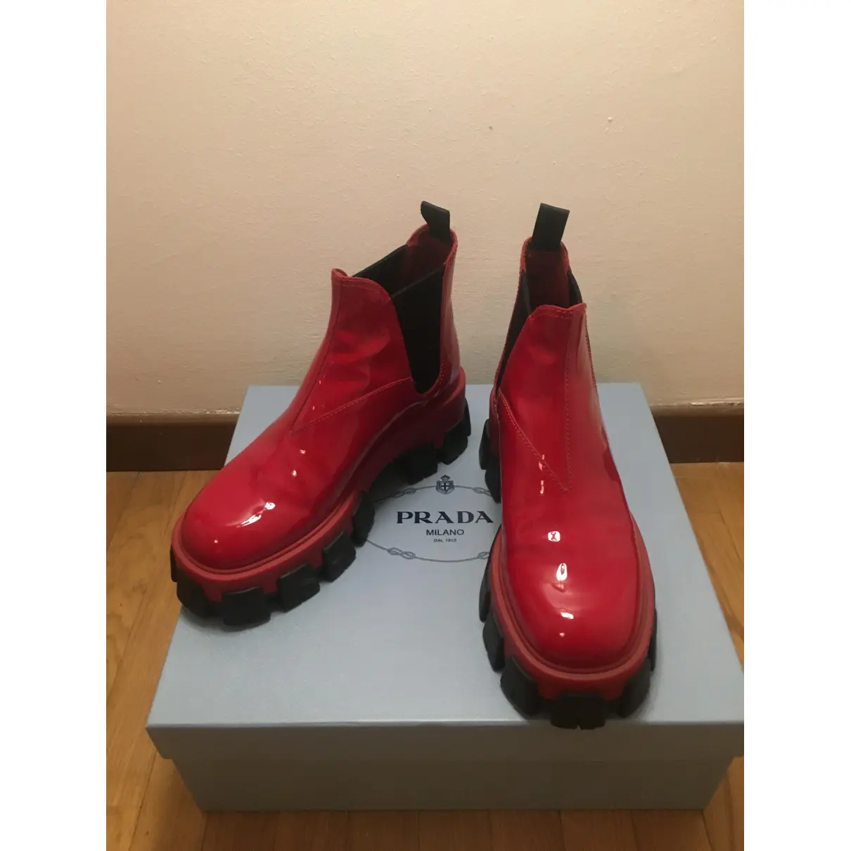 Monolith patent leather ankle boots Prada
