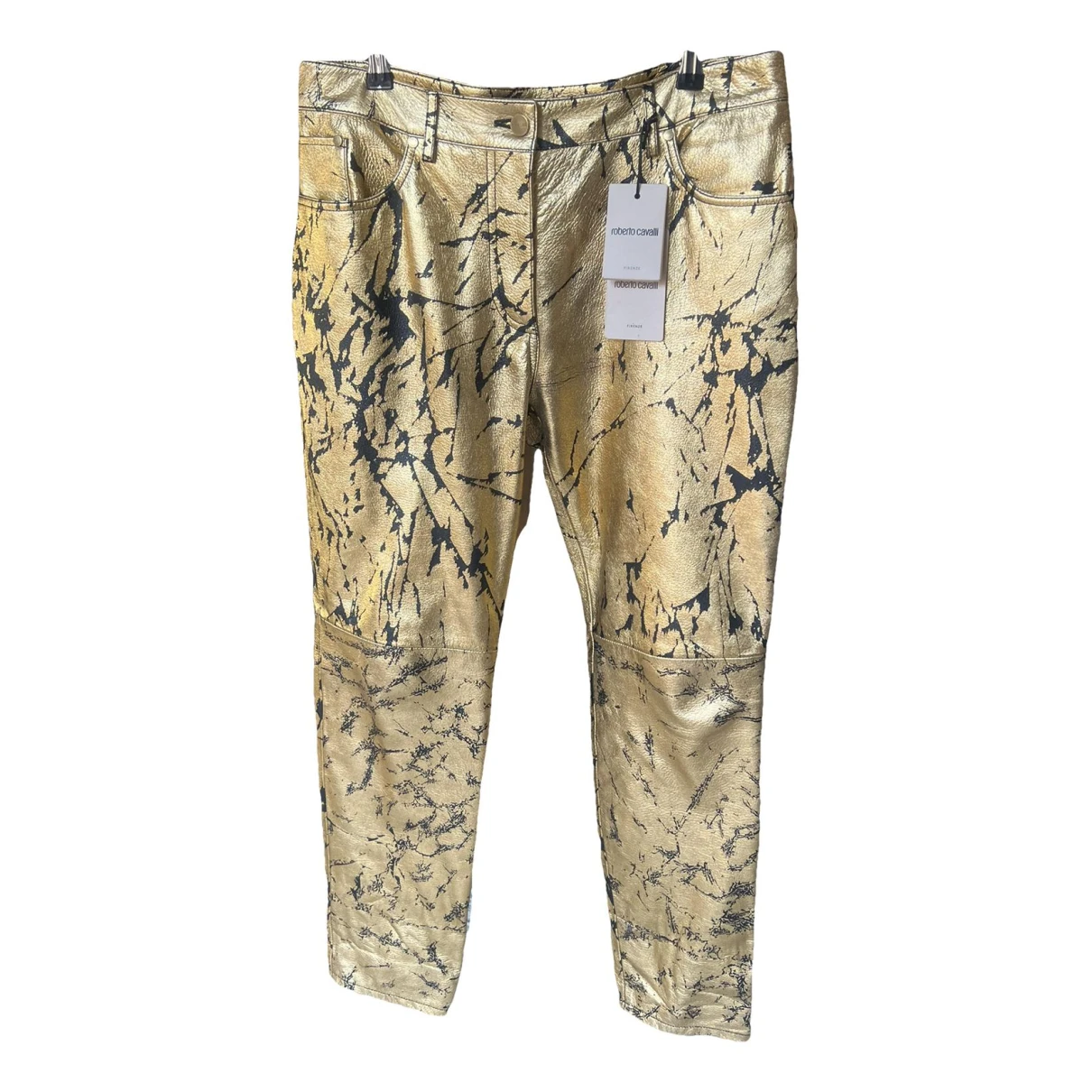 Pre-owned Roberto Cavalli Leather Trousers In Gold
