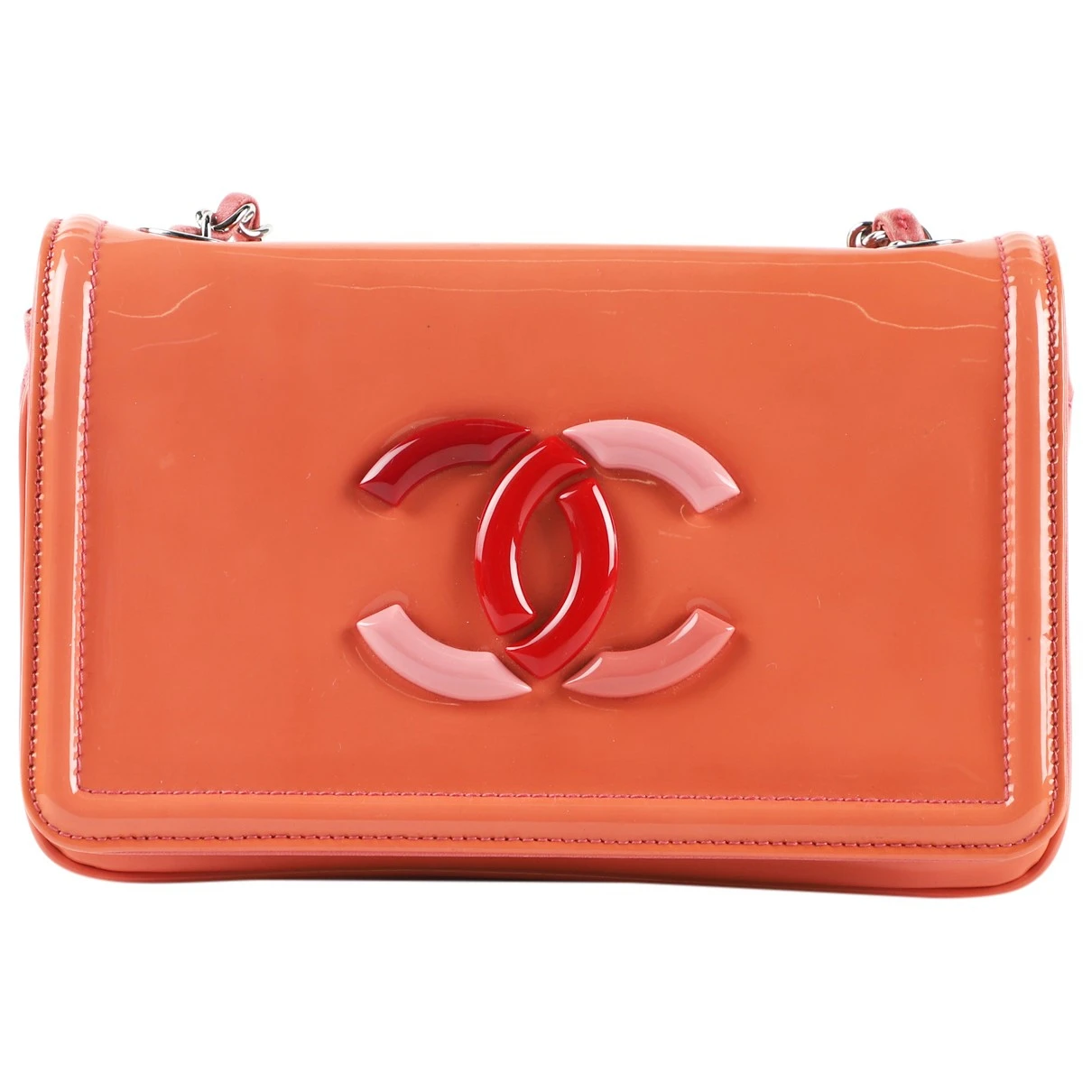 Pre-owned Chanel Wallet On Chain Patent Leather Crossbody Bag In Orange