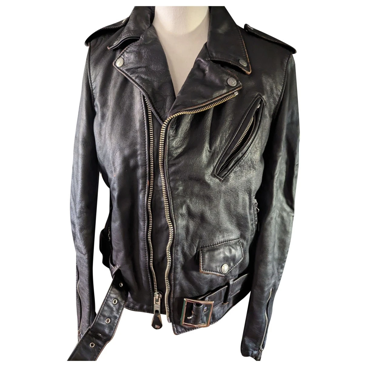 Pre-owned Schott Leather Biker Jacket In Black