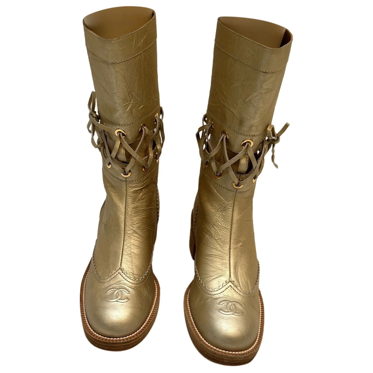 Pre-owned Chanel Leather Biker Boots In Gold