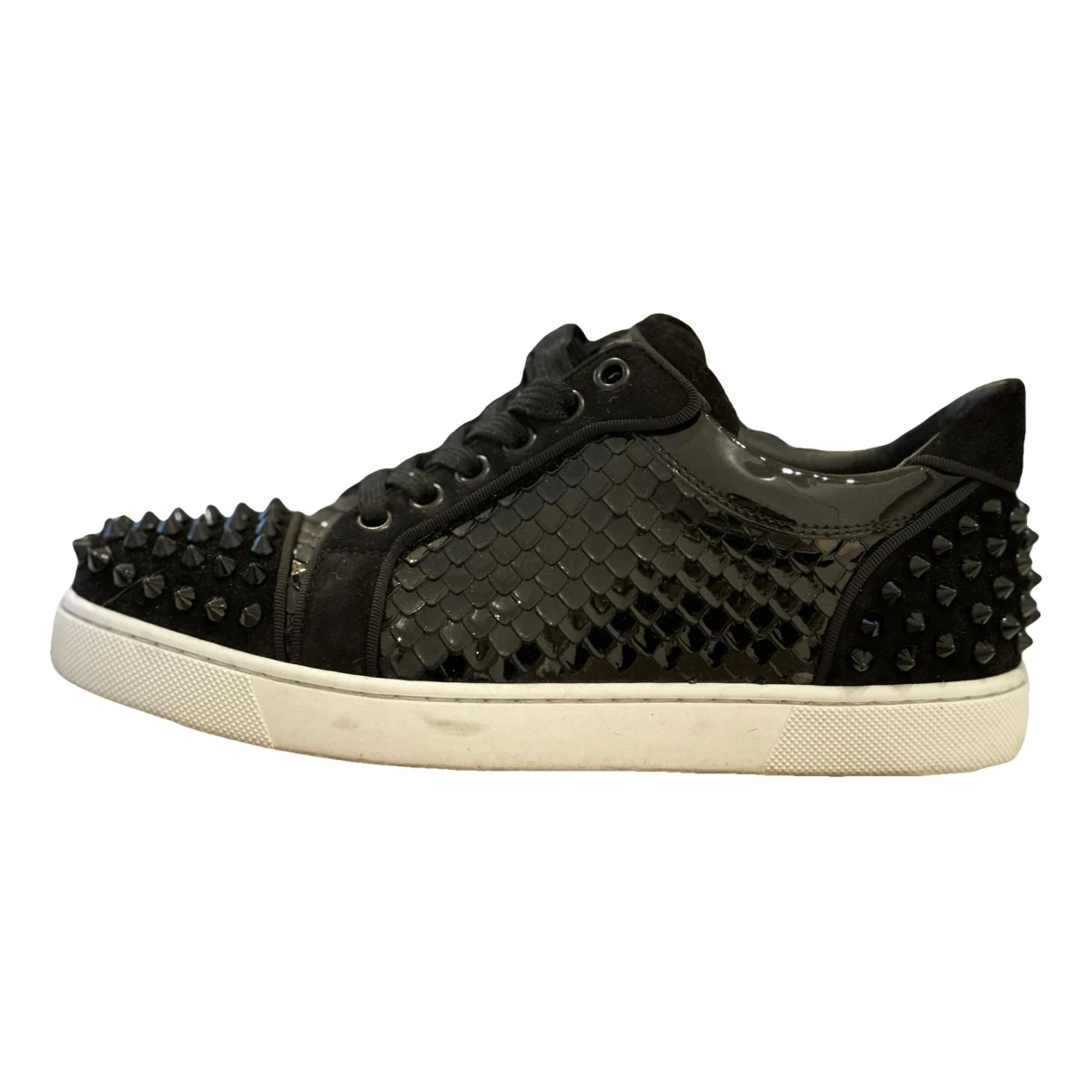 Pre-owned Christian Louboutin Lou Spikes Patent Leather Trainers In Black